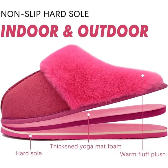 ⚡Women Rose Red Suede Fluff Dual Memory Foam Arch Support Warm Scuff Slipper - Picture 5 of 6